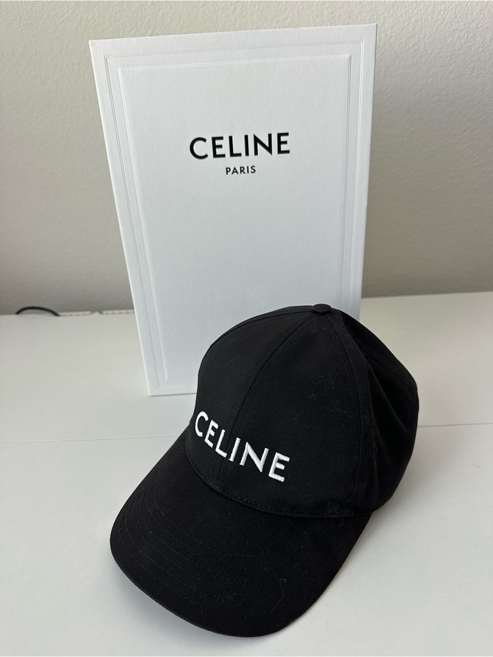 Celine Paris Black White Logo Cotton Drill Baseball Cap Hat Size S Authentic